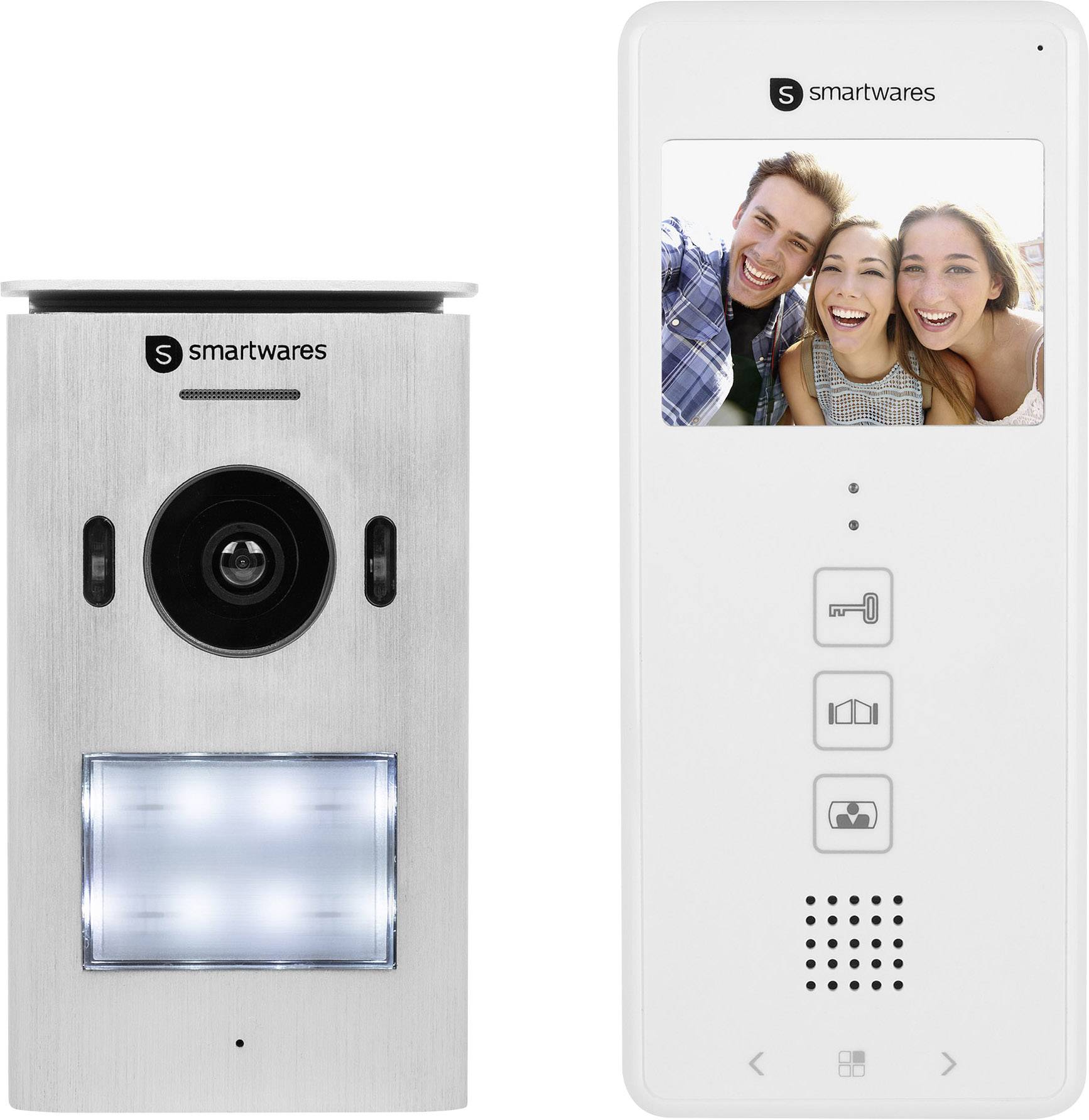 Türsprechanlage mit Kamera und Display. Links: Edelstahl-Außenmodul mit Kamera, beleuchtet. Rechts: Interne Einheit mit Bildschirm und Steuerknöpfen.