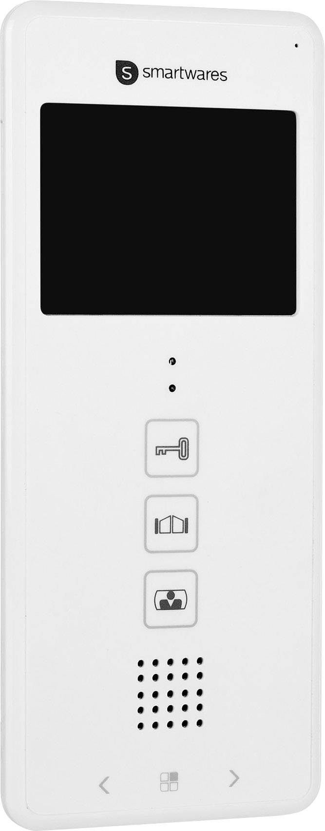 Ein weißer Smartwares-Video-Türsprechanlage-Monitor mit Bildschirm, drei zentralen Tasten und Lautsprechergitter unten.