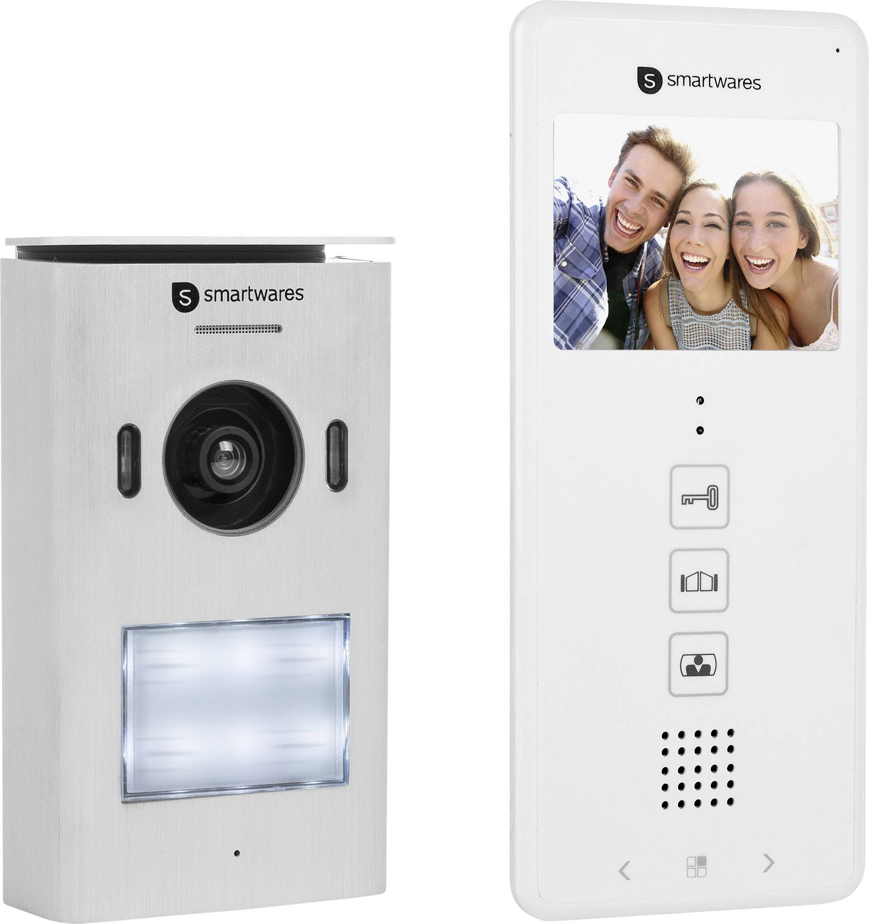 Video-Türsprechanlage: Linkes Gerät mit Kameralinse und Licht, rechtes Display zeigt lachende Menschen. Beide mit 'smartwares'-Logo.