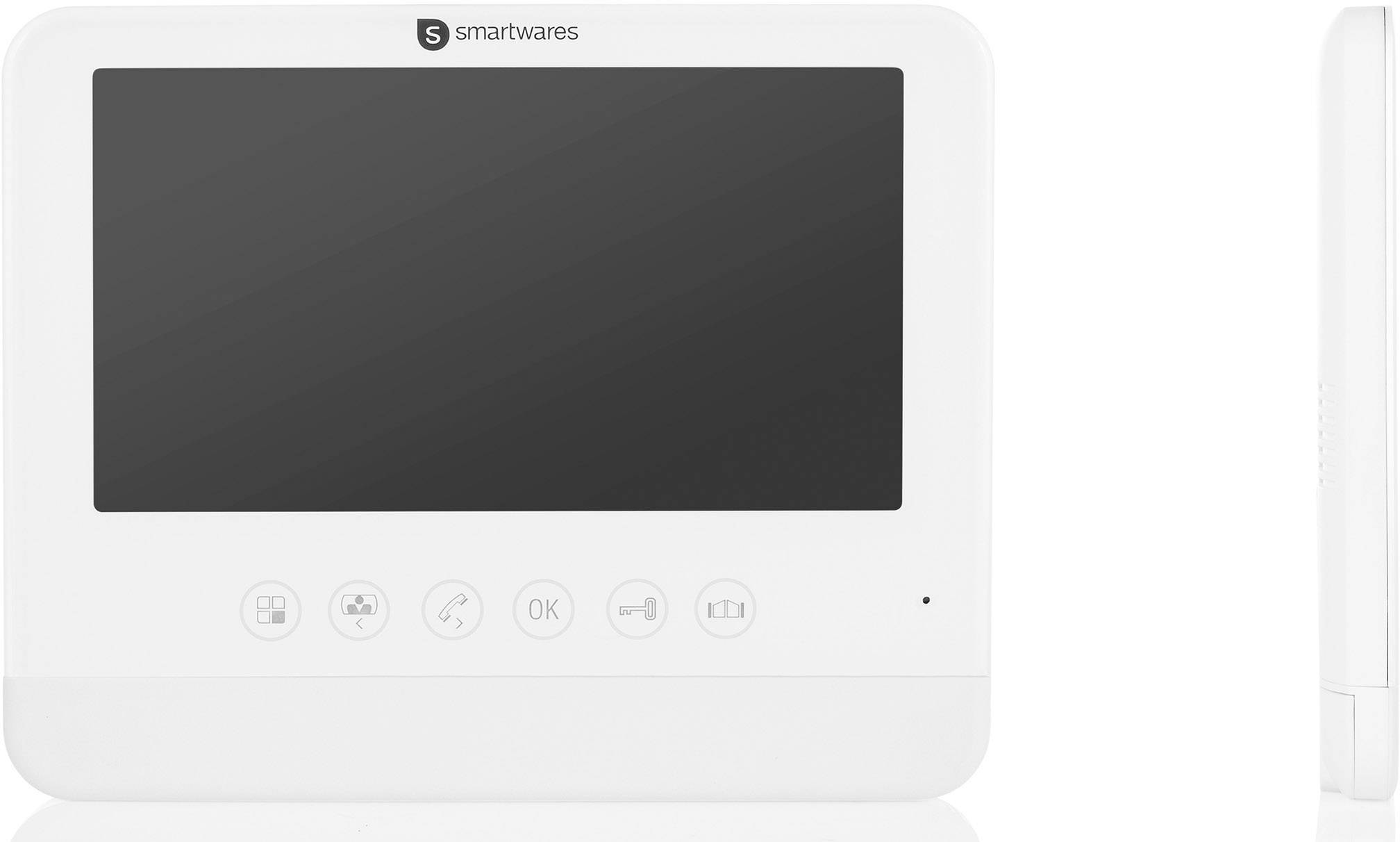 Weiße Video-Gegensprechanlage mit großem Bildschirm und mehreren Tasten für Kamera, Gegensprechen und Bestätigung.