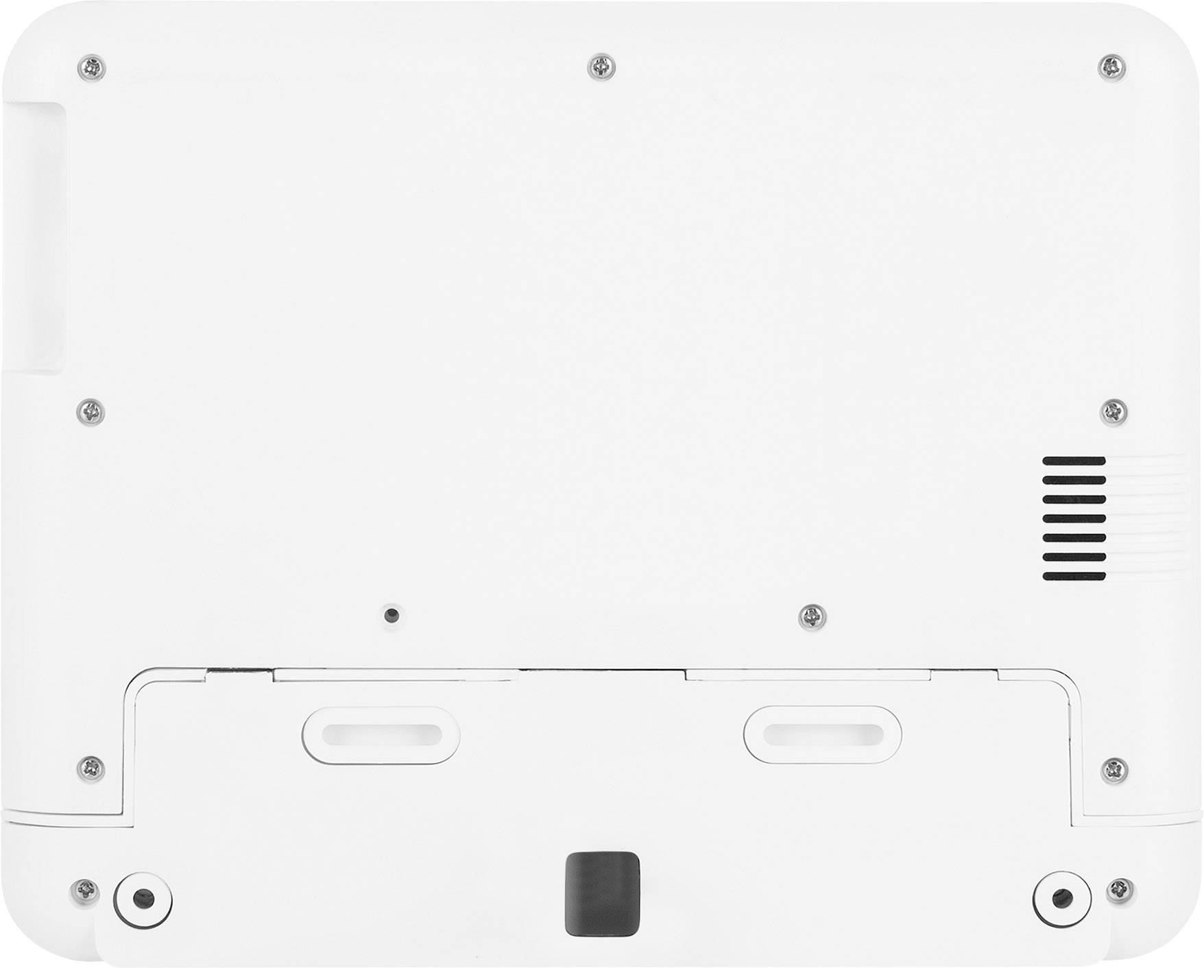 Die Unterseite eines weißen elektronischen Geräts mit mehreren Schrauben sichtbar.
