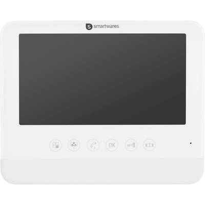 'Ein weißer Smartwares-Monitor mit großem Display und fünf Symboltasten darunter, zur Steuerung eines Sicherheitssystems.'