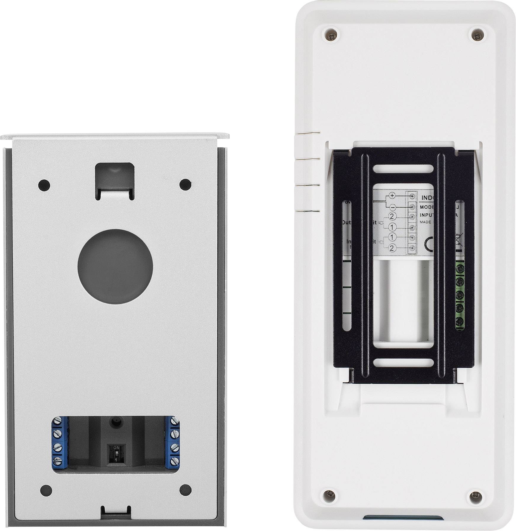 Zwei elektronische Geräte mit Gehäusen, Schaltplänen und Anschlüssen, die auf der Rückseite sichtbar sind. Sie scheinen für die Wandmontage gedacht zu sein.