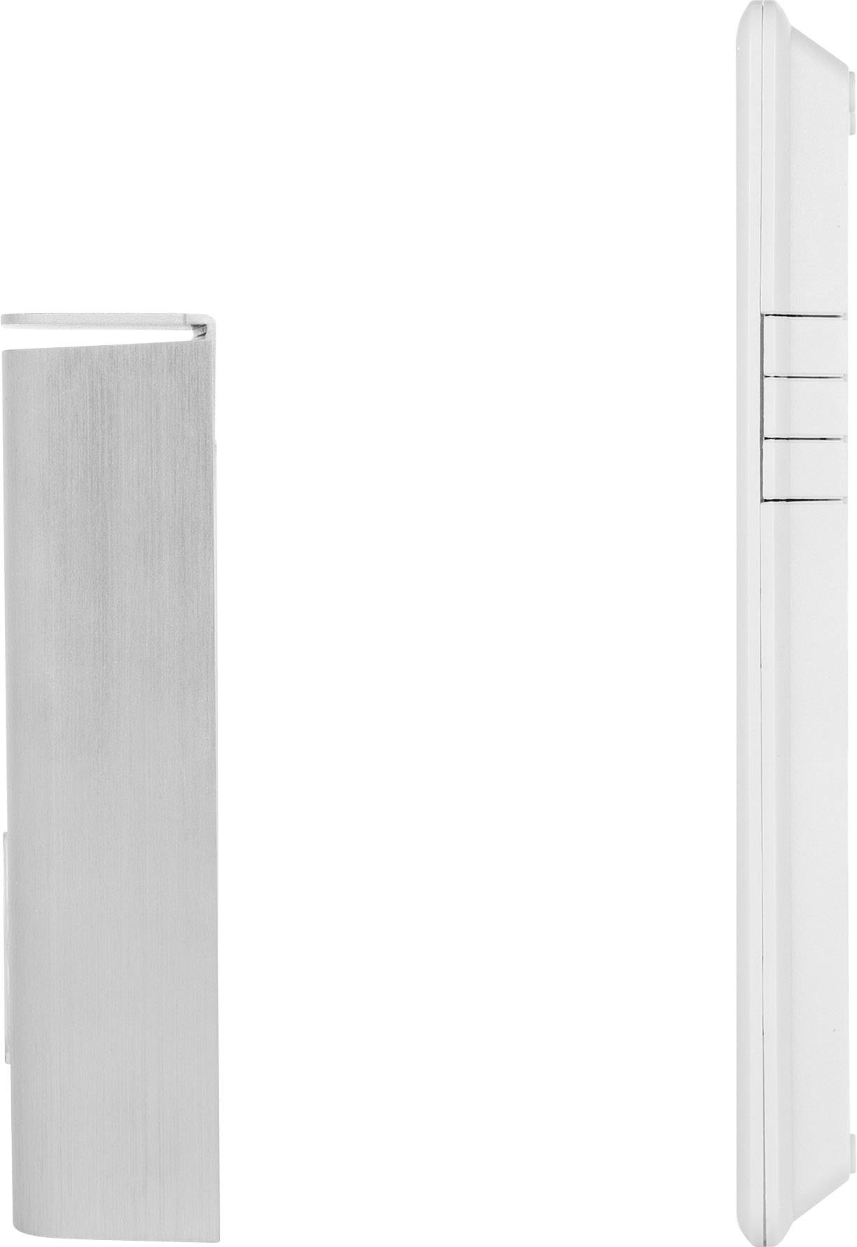 Abgebildet ist ein vertikales Profil einer Aluminiumleiste, von der Seite und frontal gezeigt. Die Leiste hat eine silberne Oberfläche.