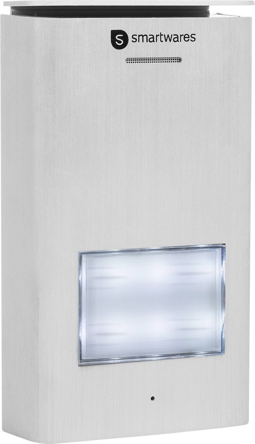 Wandlampe aus Metall mit integriertem Lichtfenster und kleinem Lautsprecher. Oben das Logo von 'smartwares'.