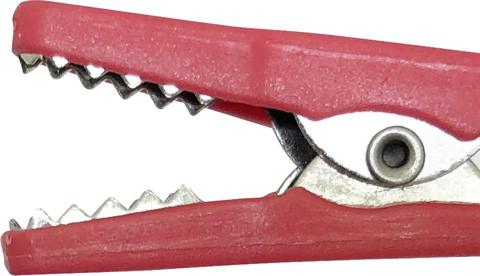 Eine rote Krokodilklemme mit gezackten Kieferkanten, geöffnet und seitlich gezeigt, auf weißem Hintergrund.