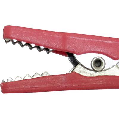 Eine rote Krokodilklemme mit gezackten Kieferkanten, geöffnet und seitlich gezeigt, auf weißem Hintergrund.