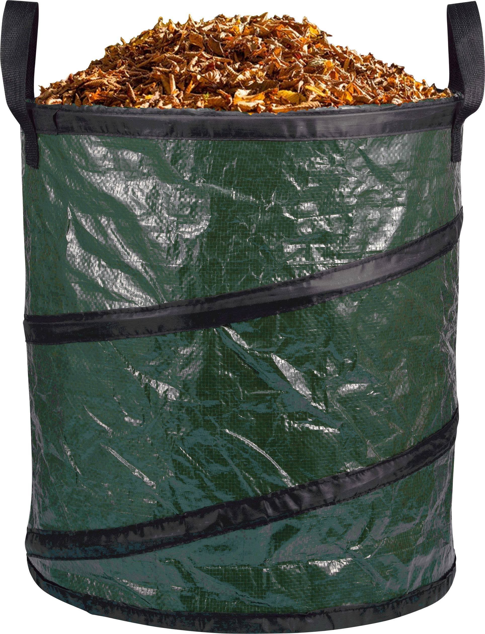Ein grüner Gartensack, gefüllt mit braunen, getrockneten Blättern. Der Sack hat schwarze Tragegriffe und eine strukturierte Oberfläche.