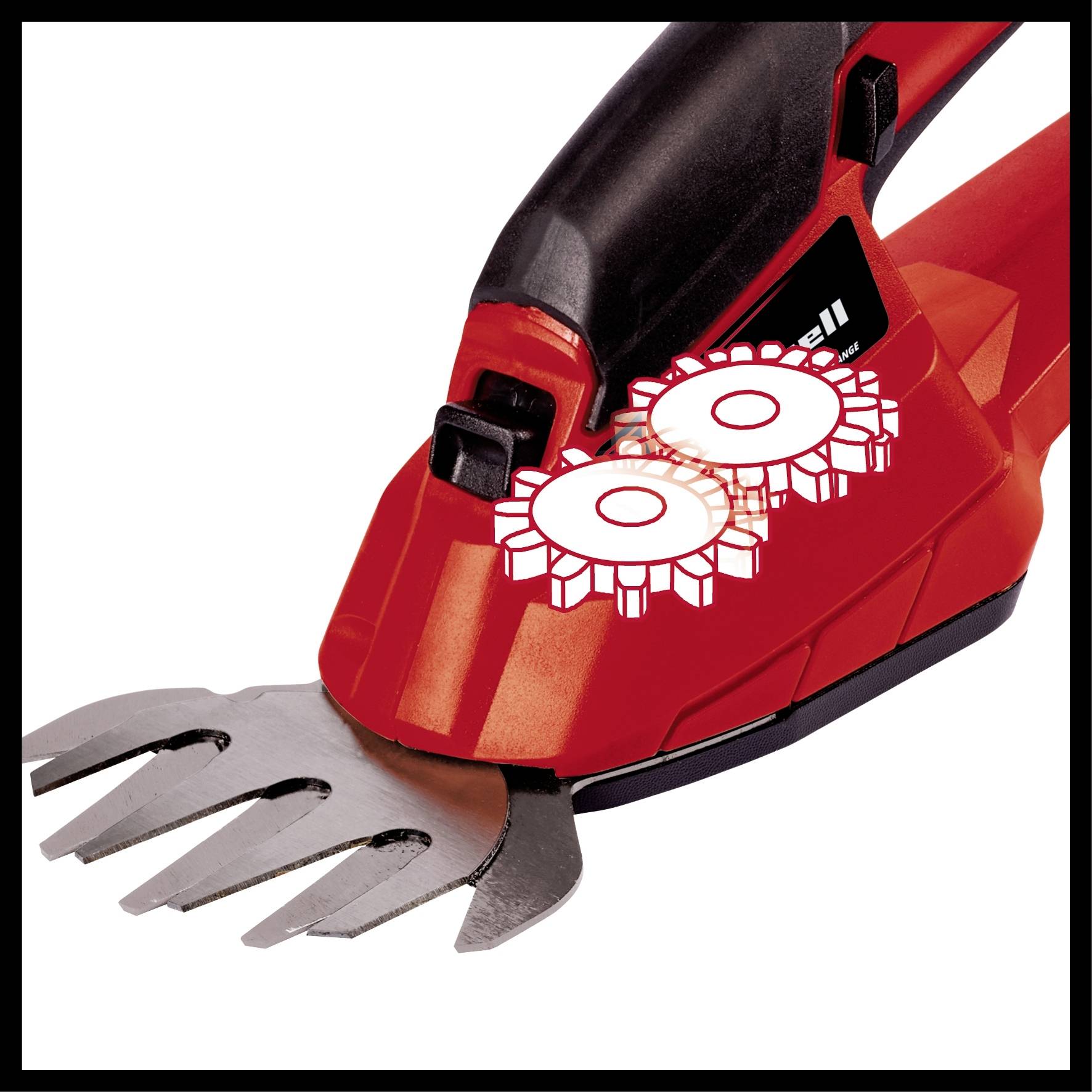 Eine rote, batteriebetriebene Grasschere mit schwarzem Griff. Ideal zum Schneiden von Rasenkanten und kleinen Büschen im Garten.