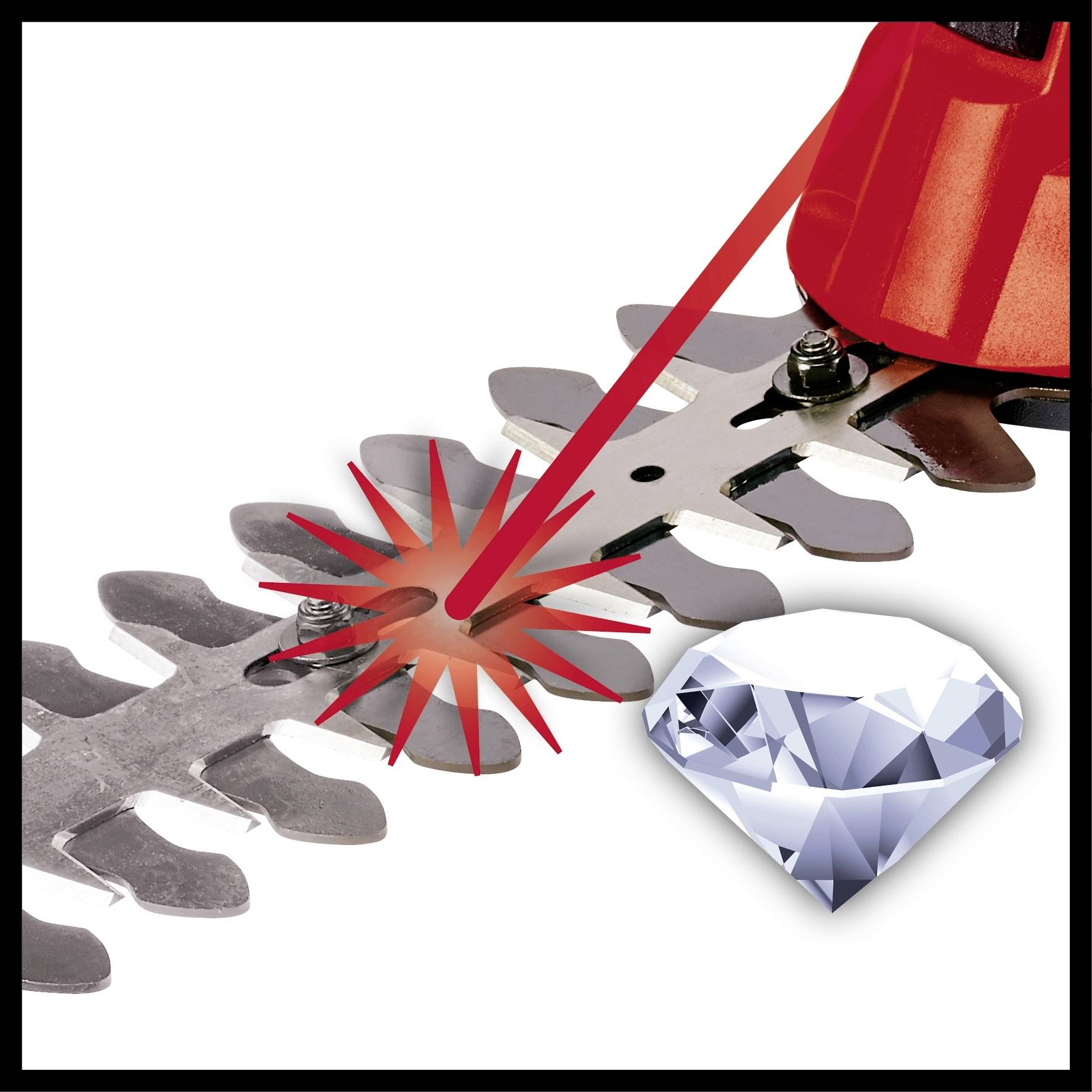 Ein rot-weißes Gerät mit Laser zielt auf einen Metallschneider, daneben ein diamantförmiges Symbol, das Qualität darstellt.