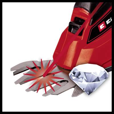 Ein rotes Werkzeug schneidet Metall unter Funkenflug. Rechts daneben symbolisiert ein Diamant Stärke oder Haltbarkeit.