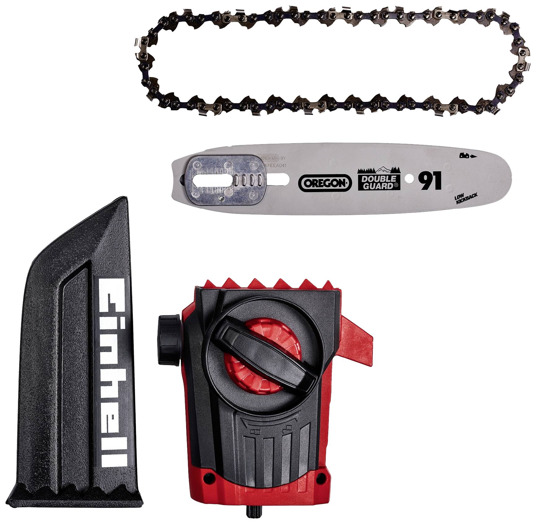 Kettensägenzubehör bestehend aus Sägekette, Schwert, Schutz, und einem roten Zahnradaufsatz.
