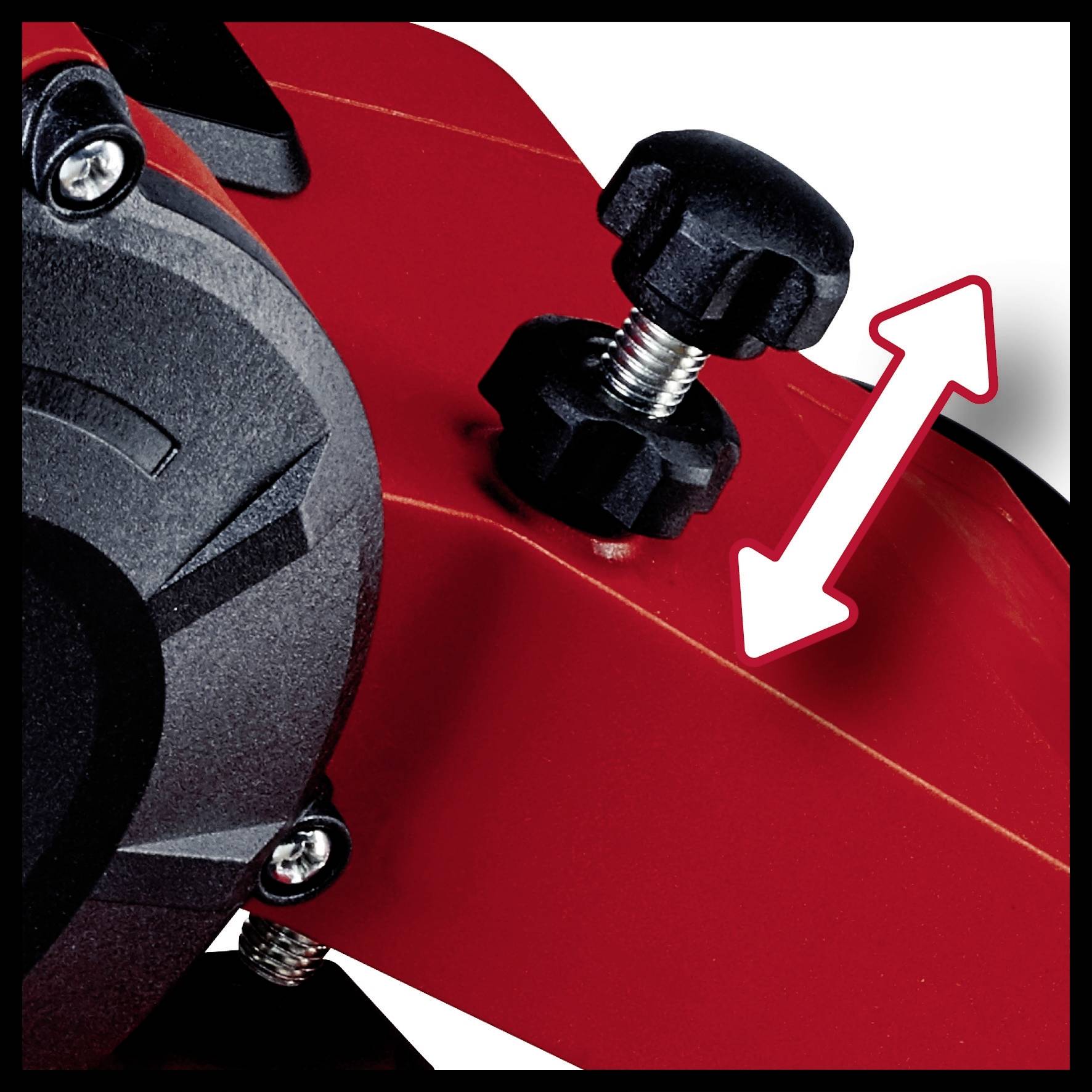 Roter Hebel mit Pfeil zeigt Höhenverstellung an schwarzem Gerät. Hebel und Einstellschraube für Geräteeinstellungen.