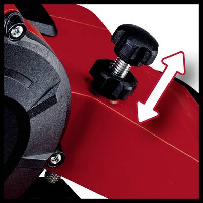 Roter Hebel mit Pfeil zeigt Höhenverstellung an schwarzem Gerät. Hebel und Einstellschraube für Geräteeinstellungen.