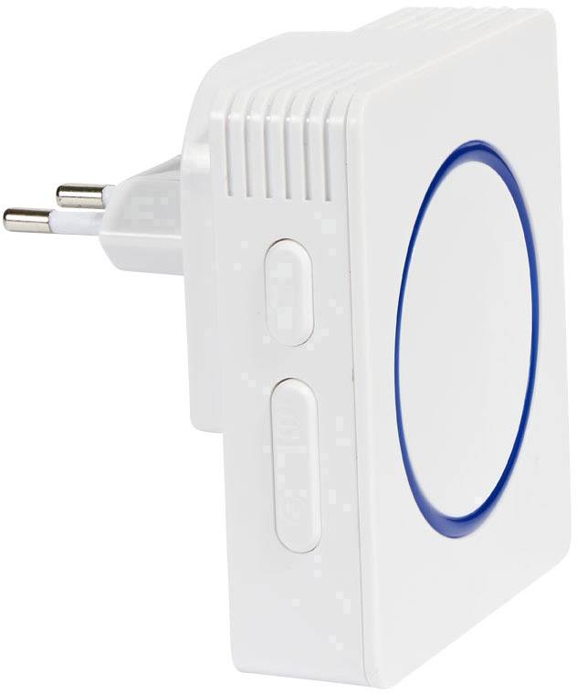 Weißer elektronischer Stecker mit blauer LED-Anzeige und Tasten. Geeignet für die Steuerung von elektrischen Geräten.