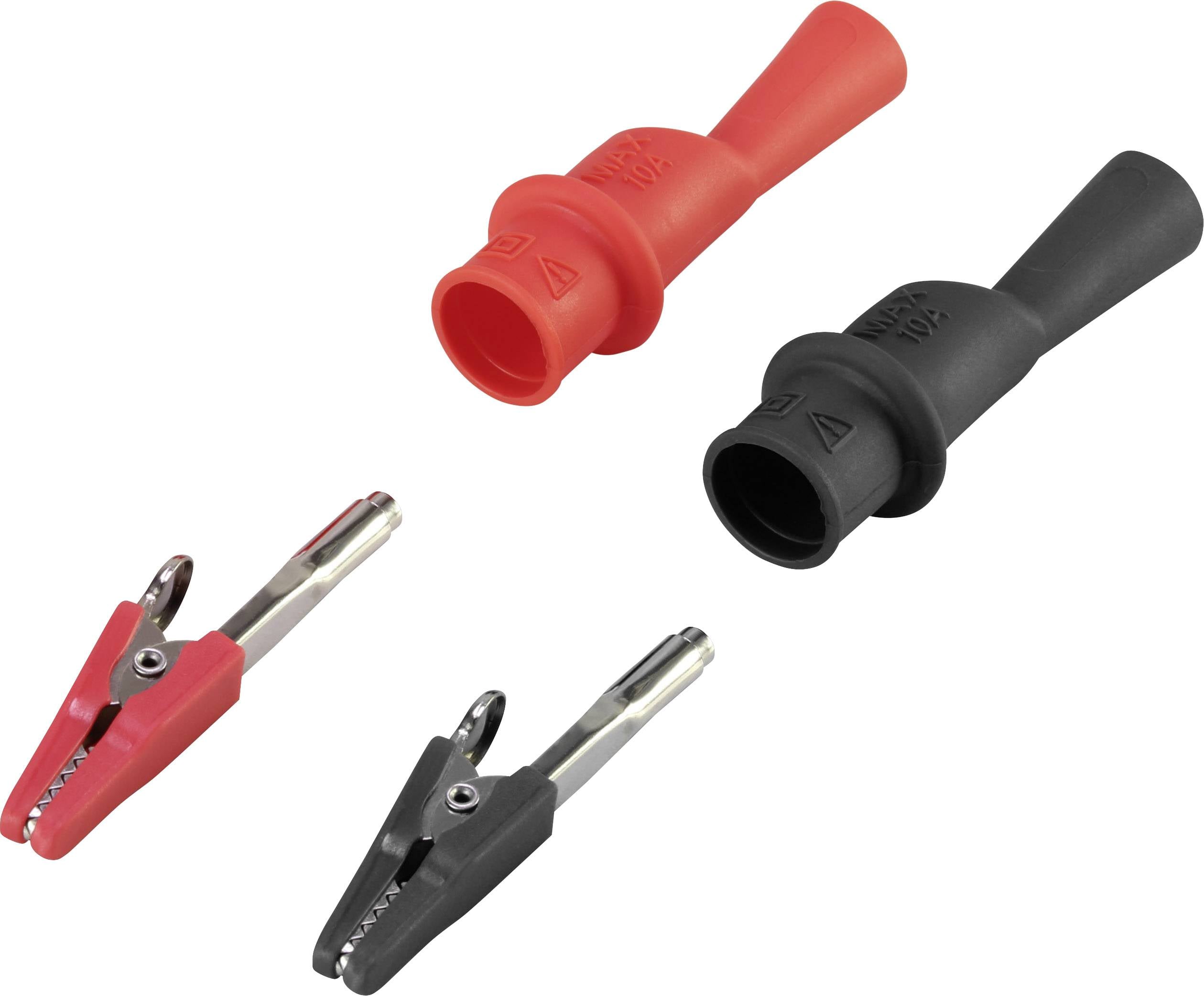 Zwei isolierte Krokodilklemmen, eine schwarz und eine rot, jeweils mit passender Gummikappe. Used for electrical connections.