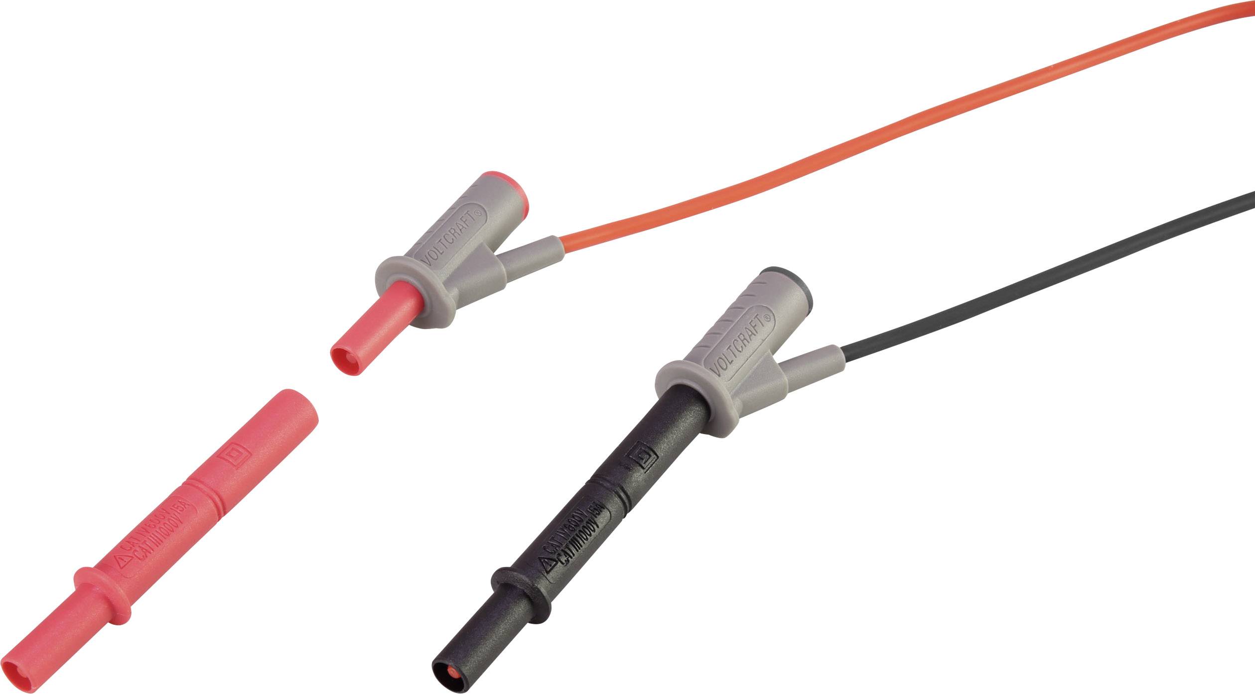 Rote und schwarze Prüfspitzen mit Kabeln zum Messen elektrischer Spannung in Schaltungen.