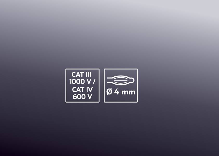 'CAT III 1000 V / CAT IV 600 V Ø 4 mm' steht auf einer Verpackung für den Gebrauch elektrischer Geräte mit entsprechender Spannung.