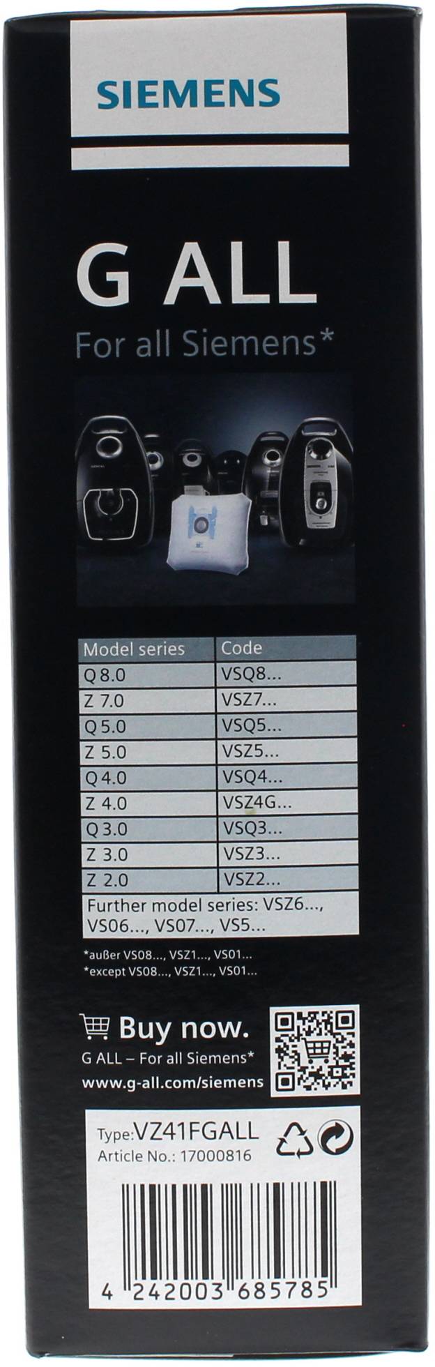 'Siemens G ALL Staubsaugerbeutelverpackung mit Produktbild, kompatiblen Modellserien, Kontaktinformationen und Barcodes.'