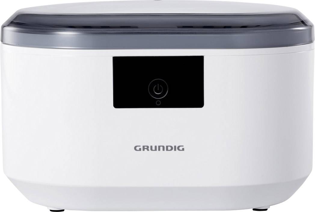 Ein weißes Küchengerät von Grundig mit grauem Deckel und zentralem Ein-/Ausschaltknopf auf der Vorderseite.