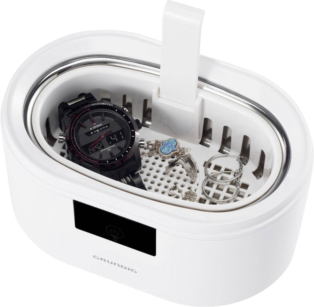 Ein Ultraschallreiniger mit einer Armbanduhr und Schmuckstücken im Inneren.