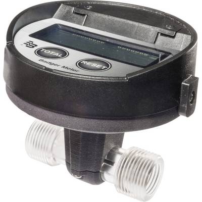 Ein digitaler Wasserzähler zeigt den Wasserverbrauch in Gallonen an. Der Zähler hat zwei Bedienknöpfe: 'gallons per minute' und 'reset'.