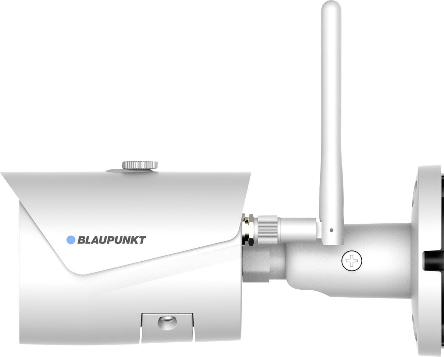 Überwachungskamera von Blaupunkt mit Antenne, montierbar an Wand oder Decke, geeignet für Innen- oder Außenüberwachung.