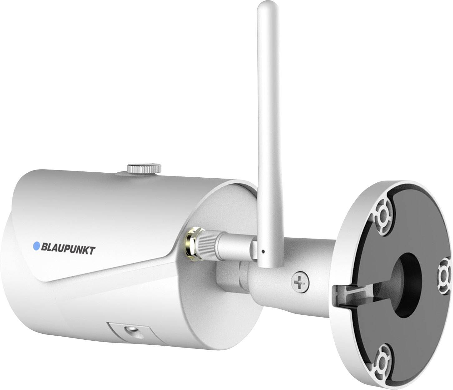 Außenüberwachungskamera, montiert, mit Antenne, in silberner Farbe, mit 'Blaupunkt'-Logo auf der Seite, für Sicherheitszwecke.