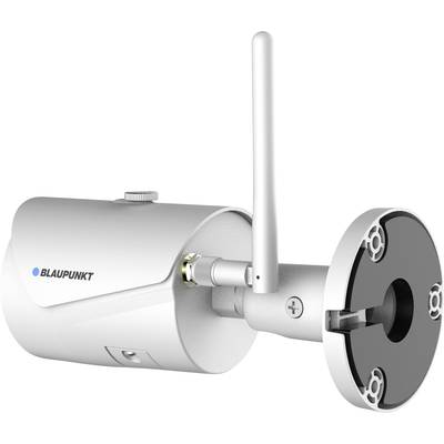 Außenüberwachungskamera, montiert, mit Antenne, in silberner Farbe, mit 'Blaupunkt'-Logo auf der Seite, für Sicherheitszwecke.