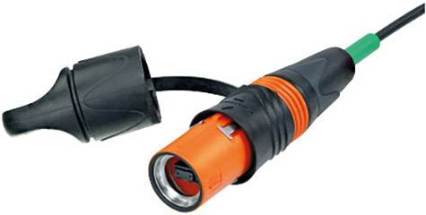 Steckverbinder mit orange-schwarzem Gehäuse, zeigt offene Metallkontakte. Kabel ist an der Rückseite verbunden.