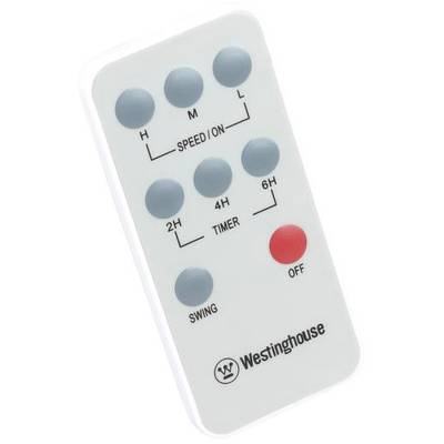 Weiße Fernbedienung mit blauen und einem roten Knopf; beschriftet mit 'Westinghouse'. Funktionen: Geschwindigkeit, Timer, Schwenken, Aus.