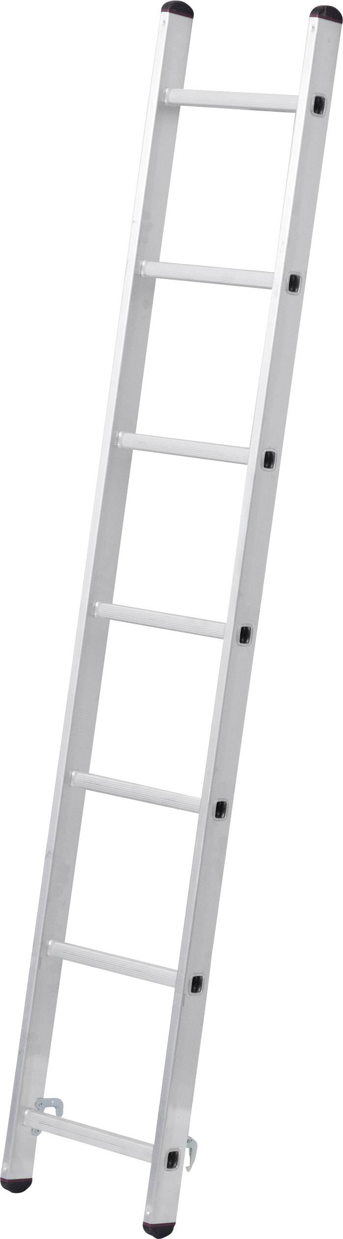 Aluminiumleiter mit sieben Sprossen, leicht schräg stehend.