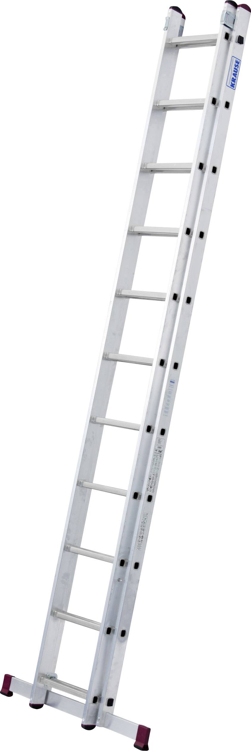 Eine lange, silberne Aluminiumleiter mit mehreren Sprossen, an einem Ende mit rutschfesten Füßen versehen, steht aufrecht.