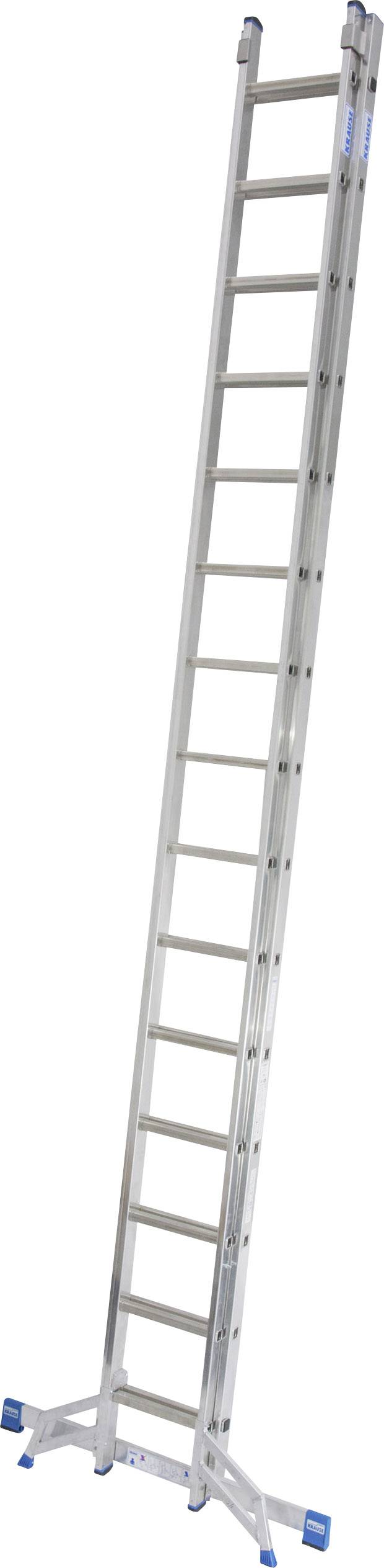 Aluminiumleiter in voller Länge mit blauen Gummifüßen für Stabilität. Geeignet zum Erreichen hoher Stellen.