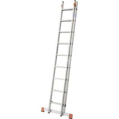 Eine silberne Aluminiumleiter mit neun Stufen, ausgefahrene Stützfüße an der Basis für Stabilität.