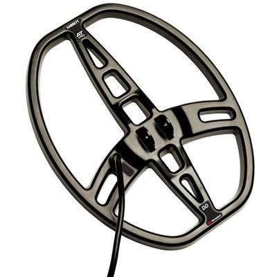 Rundes Metalldetektor-Suchspule mit mehreren Öffnungen und einem Kabel, das zur Mitte führt.