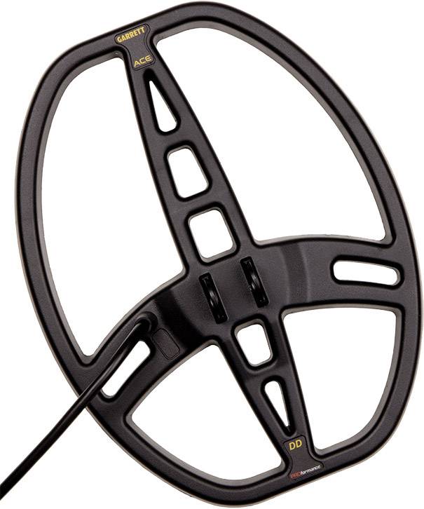 Metalldetektor-Suchspule in elliptischer Form mit Markenkennzeichnung, geeignet für elektronische Schatzsuche.