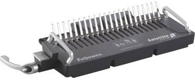 Ein schwarzes, rechteckiges Plastikgerät mit Metallstiften oben. Es ist für die Bindung von Dokumenten konzipiert.