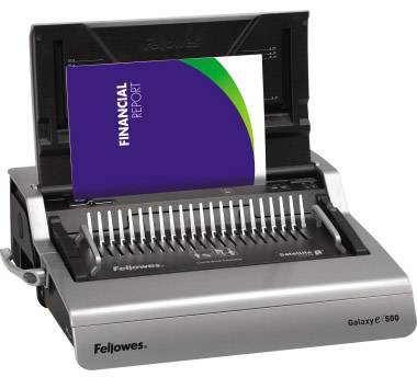 Ein Bindegerät mit einem eingelegten Dokument mit der Aufschrift 'Financial Report'. Das Gerät ist auf einem Tisch platziert.