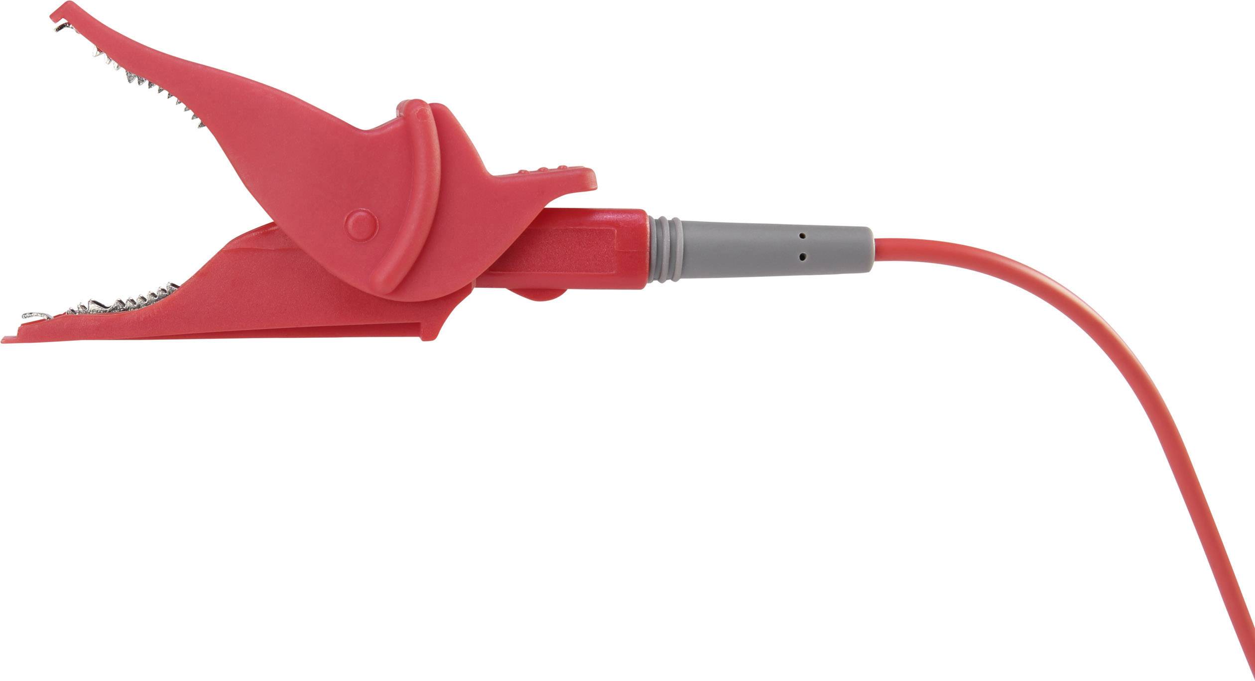 Rotes Krokodilkabel zum Anschluss an Batterieklemmen, häufig in Kfz-Ladegeräten verwendet.