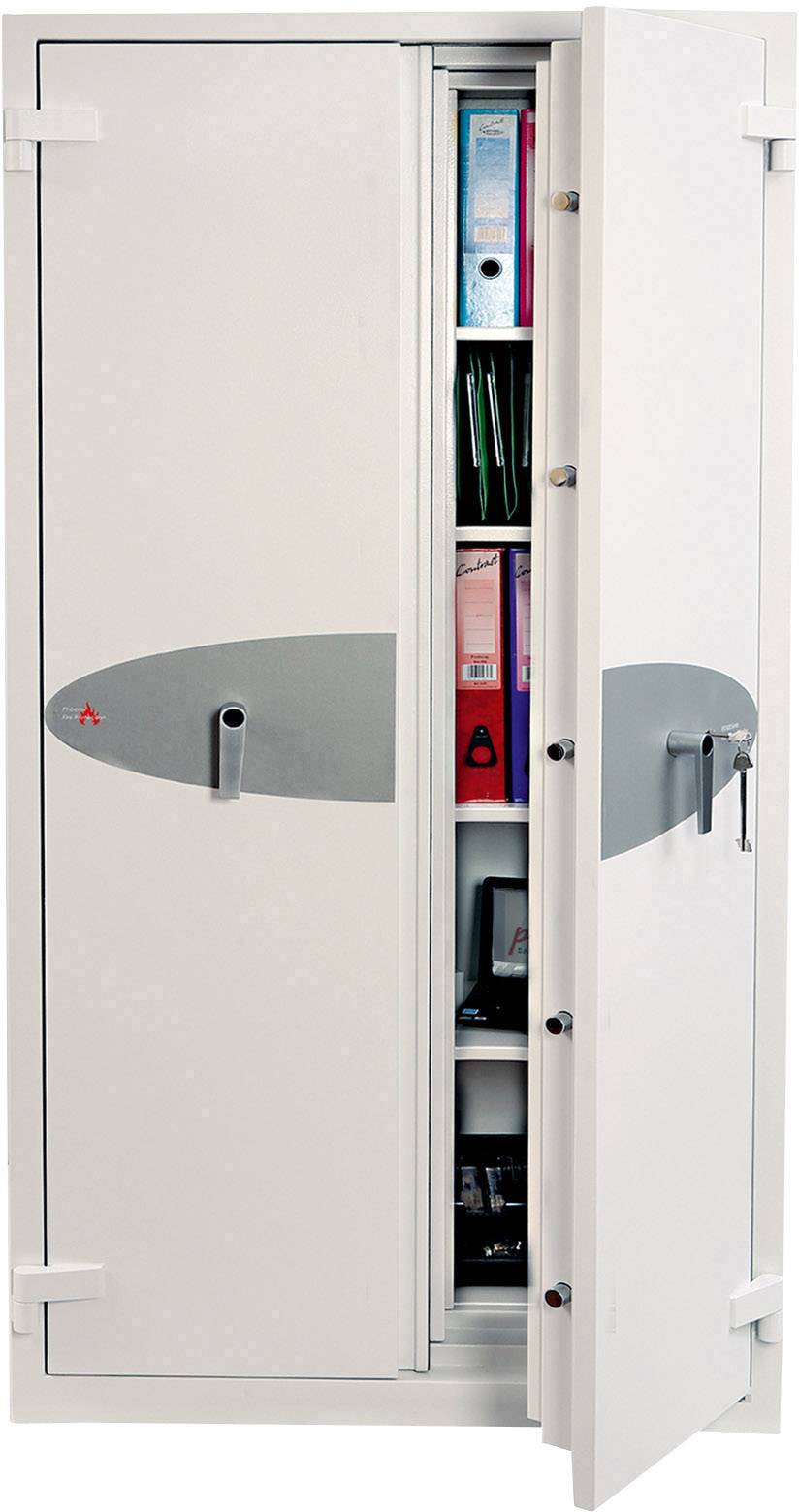 Ein geöffneter Stahlschrank mit mehreren Regalen, gefüllt mit Ordnern und Dokumenten. Die Schranktüren sind teilweise geöffnet.