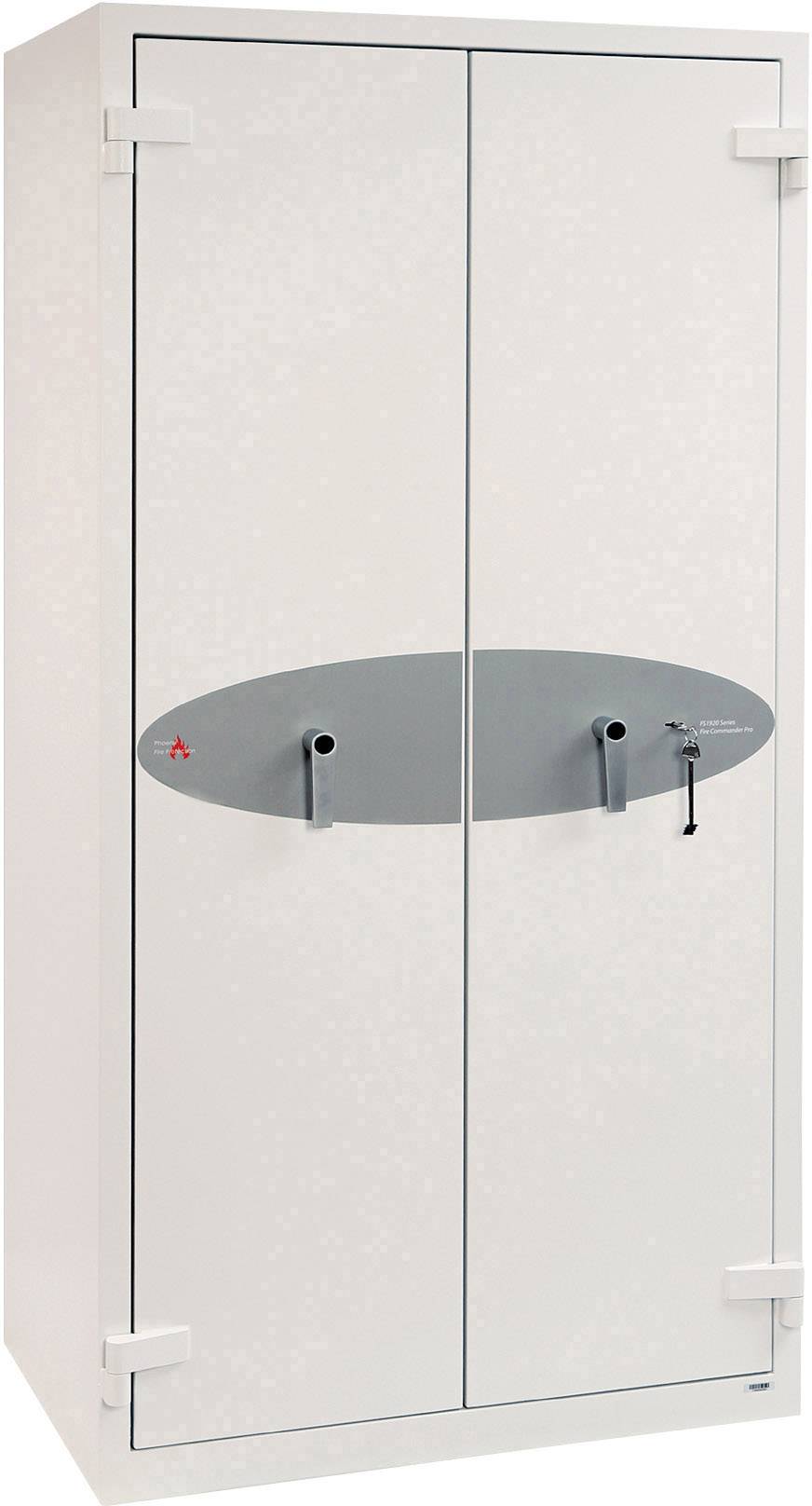Ein weißer Aktenschrank mit zwei Türen, ausgestattet mit einem Schlosssystem und einem grauen Griffbereich in der Mitte.