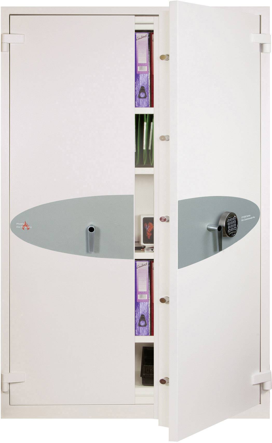 Ein geöffneter Tresor mit Aktenordnern und Papieren auf den Regalen. Das Schloss ist elektronisch. Der Tresor ist weiß.