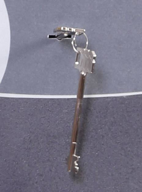 Ein silberner Schlüssel hängt an einem grauen Hintergrund. Er ist an einem Ring befestigt und weist einfache Details auf.