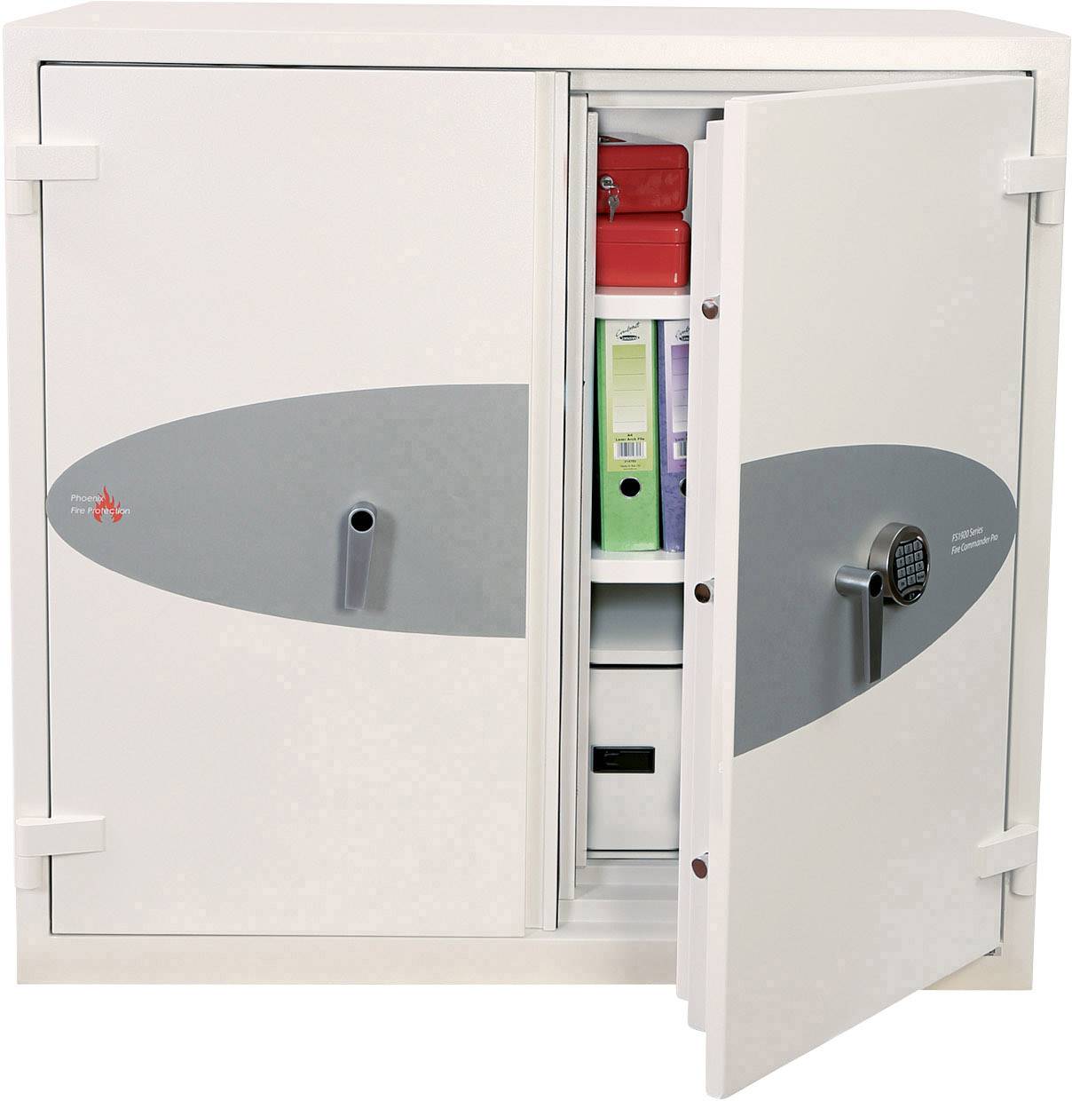 Ein geöffneter Tresor mit Aktenordnern und Dokumenten. Die Tür zeigt ein elektronisches Zahlenschloss.