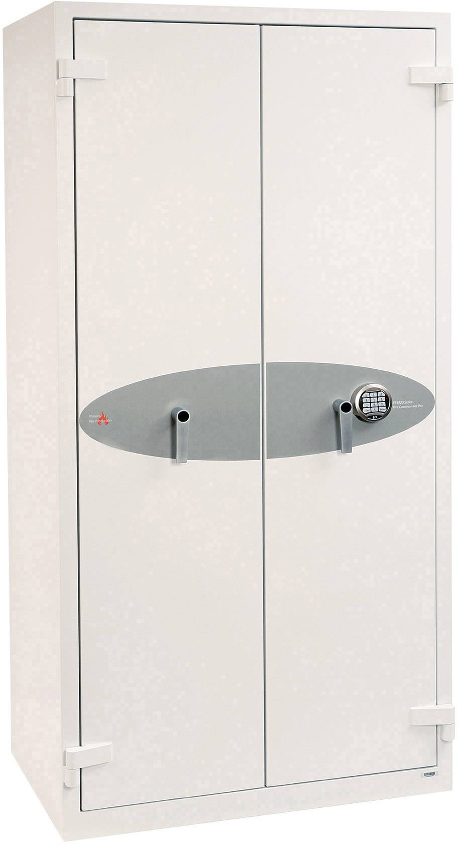 Ein hoher, weißer Metallschrank mit zwei Türen und einem elektronischen Zahlenschloss in der Mitte, geeignet zur sicheren Aufbewahrung.