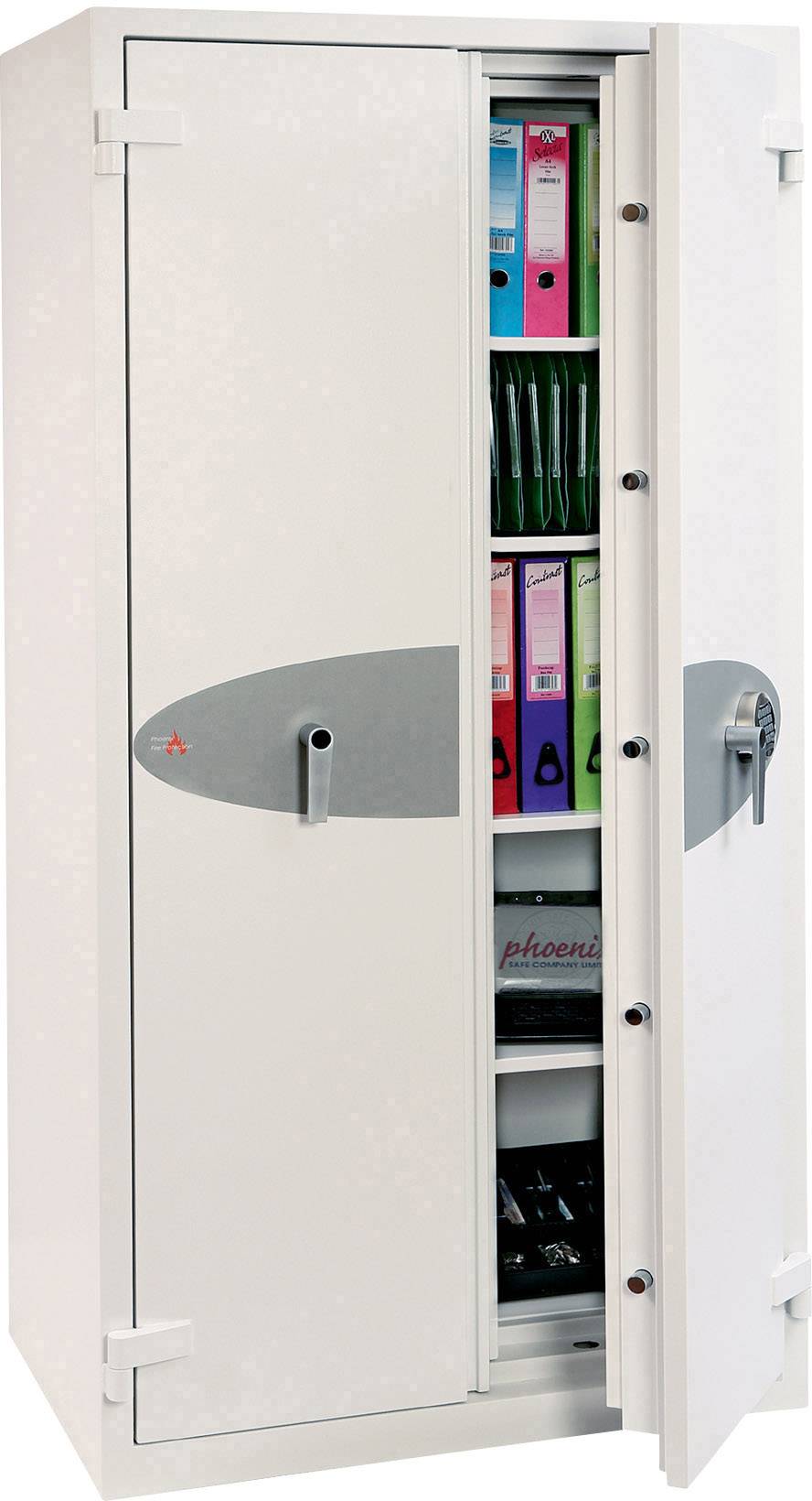 Geräteschrank mit geöffneter Tür zeigt bunte Ordner und Dokumente auf Regalen. Hauptsächlich zur sicheren Aufbewahrung von Büromaterialien geeignet.