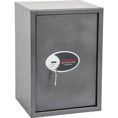 Schwarzer Tresor mit Schlüssel im Schloss. Auf der Tür steht 'Phoenix Safe Company Limited'.