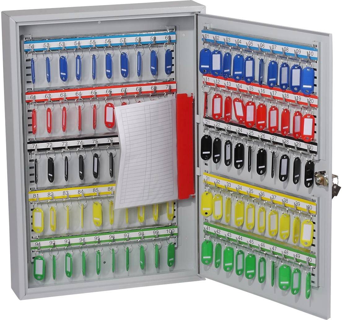Metallene Schlüsselkassette mit einer geöffneten Tür, die Reihen farbiger Schlüsselanhänger zeigt, nummeriert von 1 bis 100.