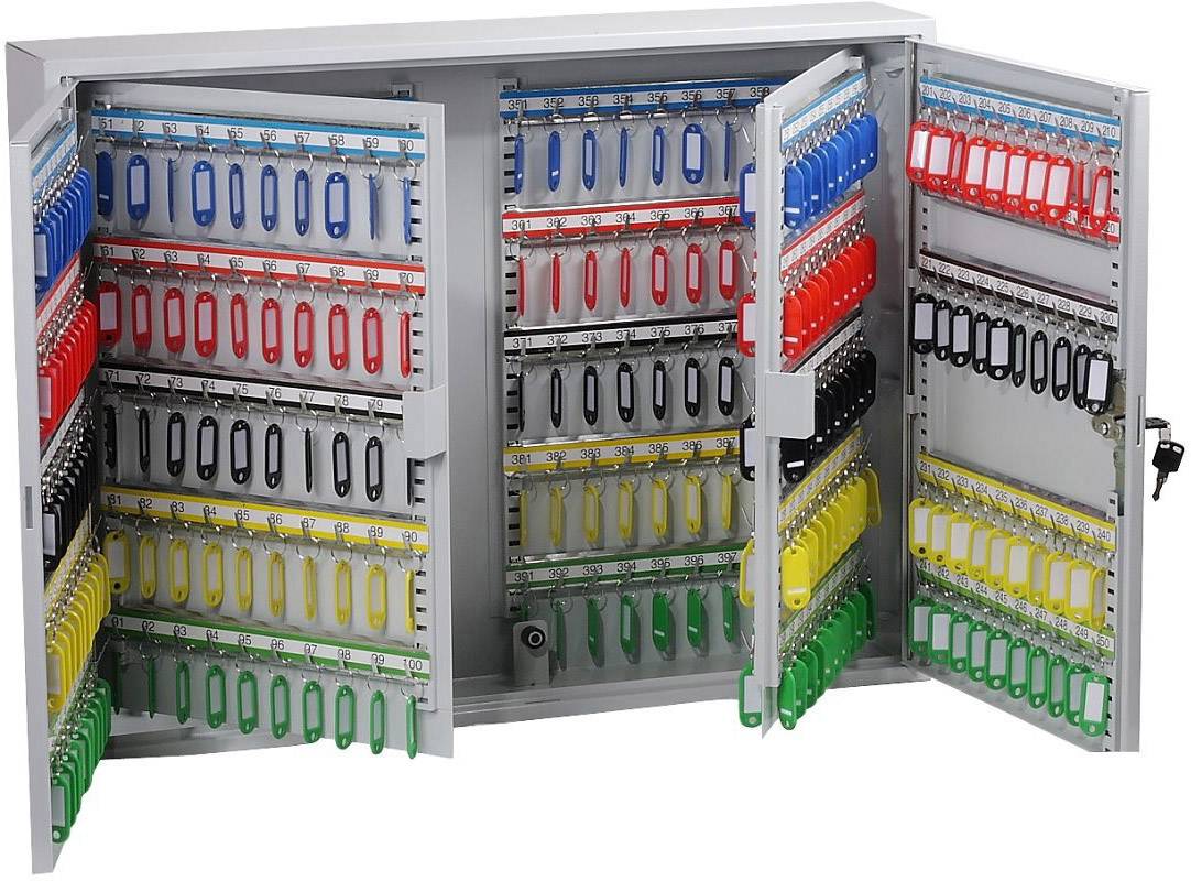 Ein Metallschrank mit offenen Türen zeigt bunte Schlüsselanhänger in Reihen. Jede Reihe hat eine andere Farbe, wie Blau, Rot, Gelb, Grün.